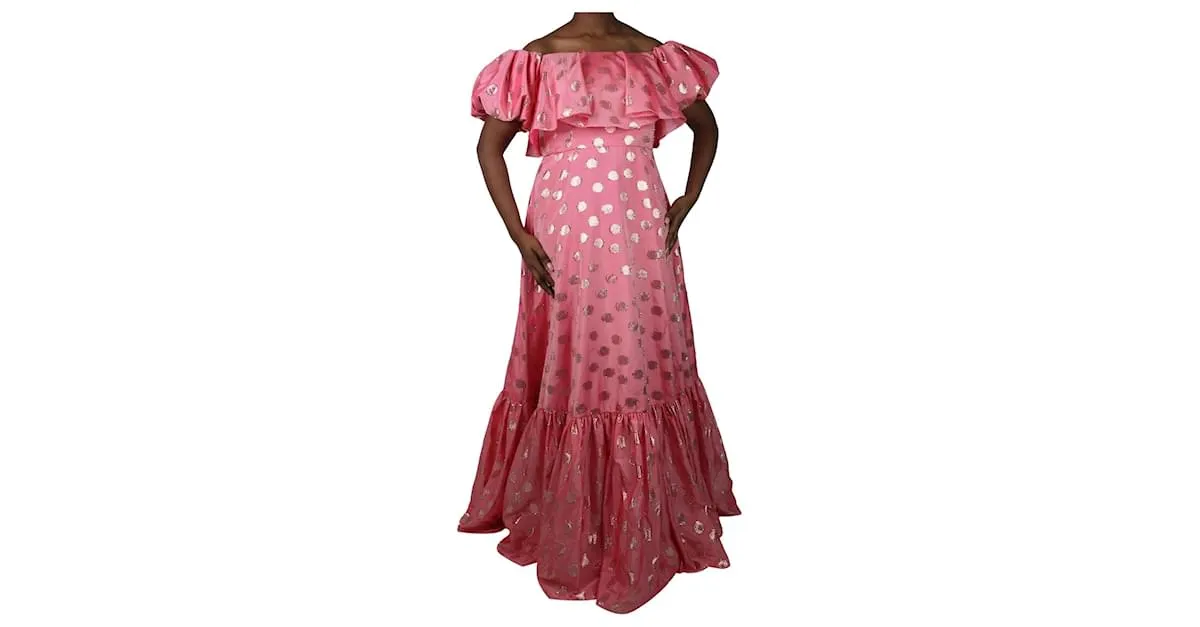 Autre Marque Vestido midi de lúrex y lunares rosa con mangas abullonadas - talla UK 12 