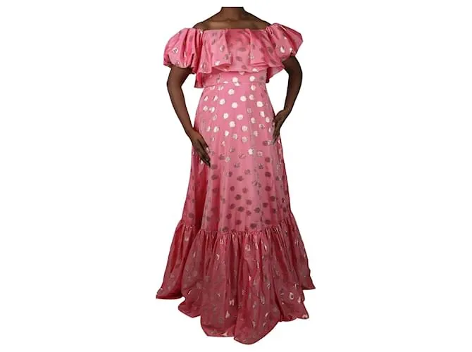 Autre Marque Vestido midi de lúrex y lunares rosa con mangas abullonadas - talla UK 12 