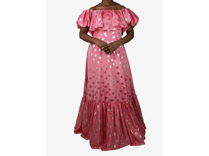 Autre Marque Vestido midi de lúrex y lunares rosa con mangas abullonadas - talla UK 12 