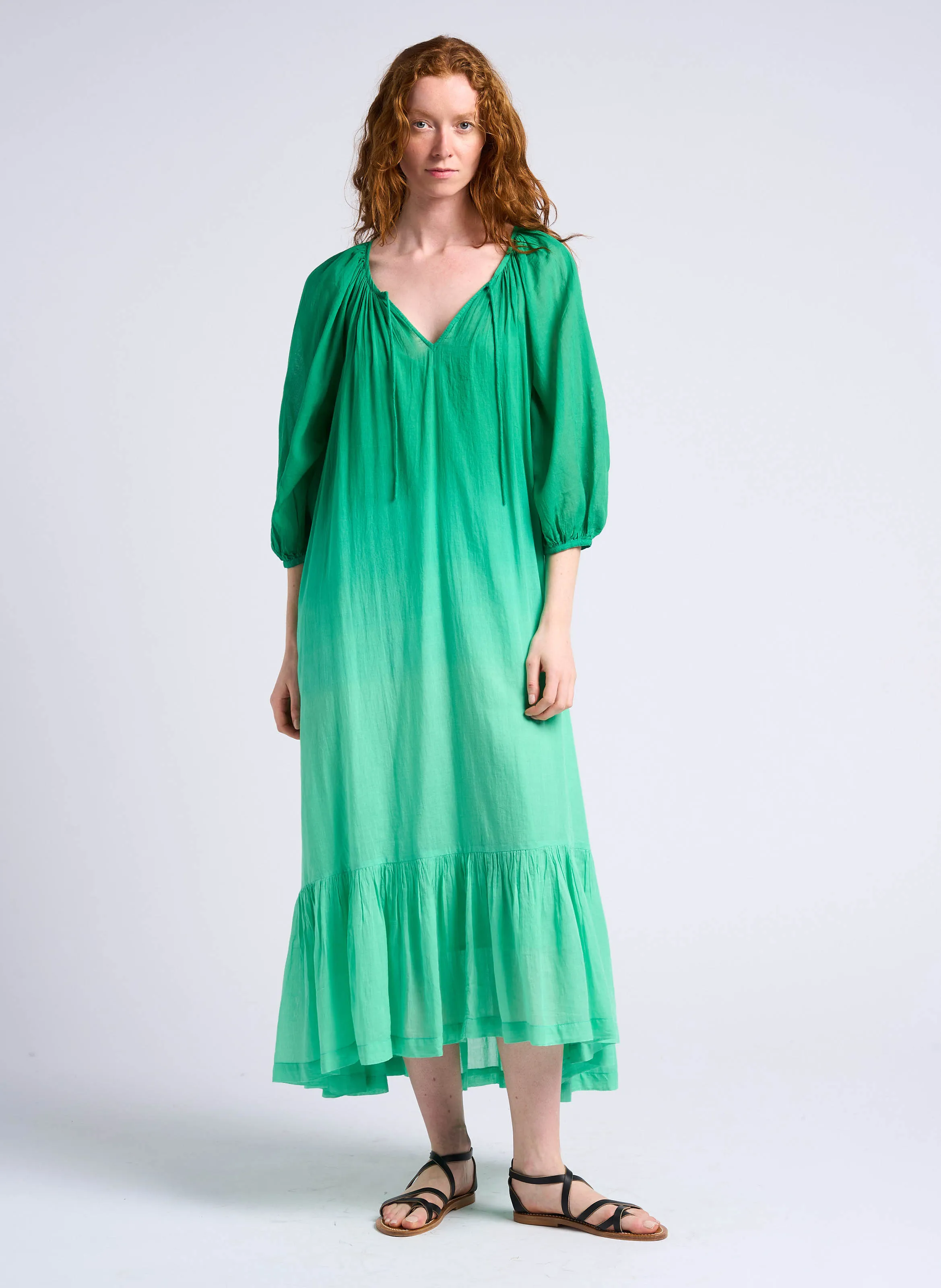 BIM - Vestido largo y holgado de algodón con frunces en verde