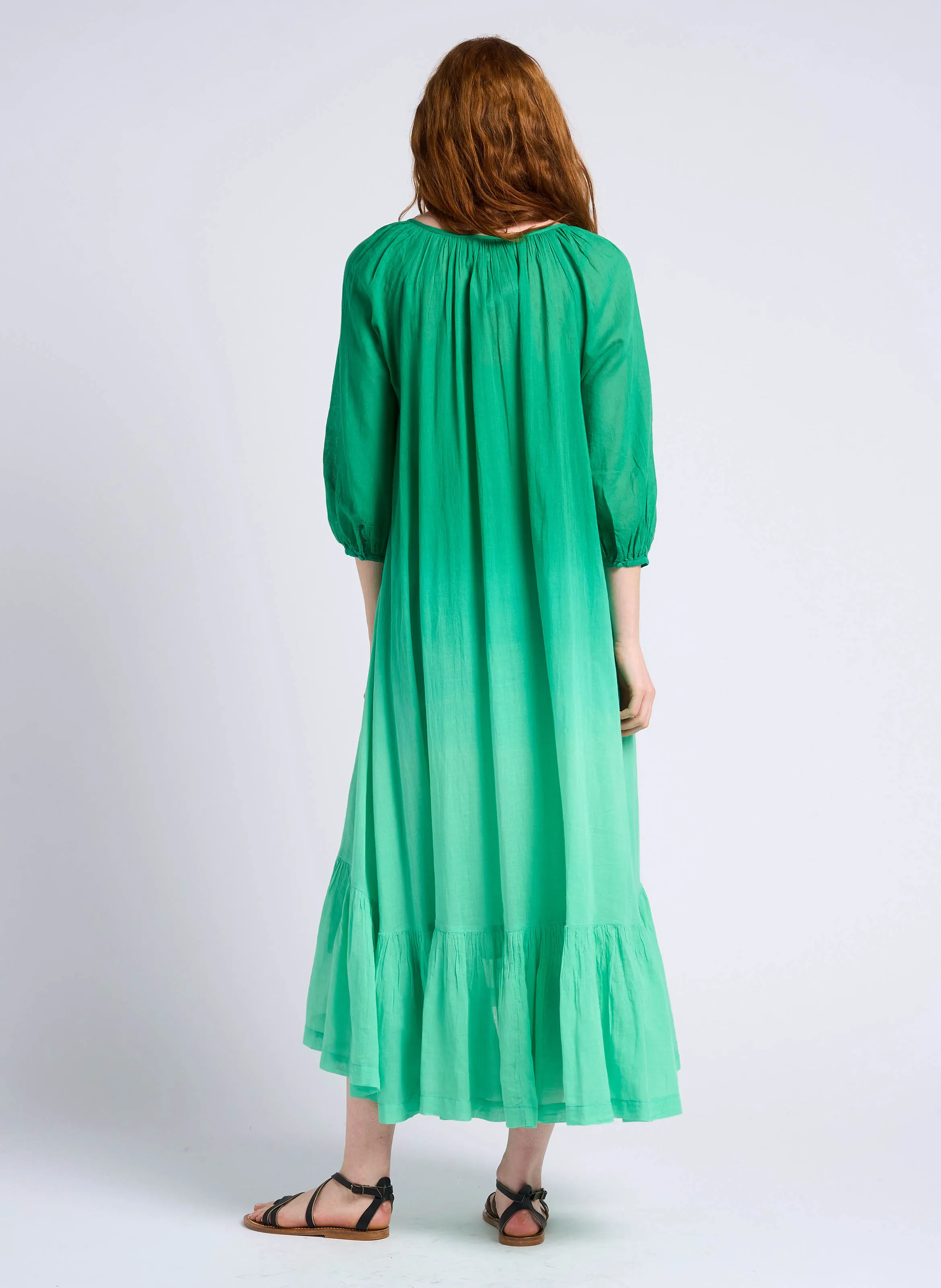 BIM - Vestido largo y holgado de algodón con frunces en verde