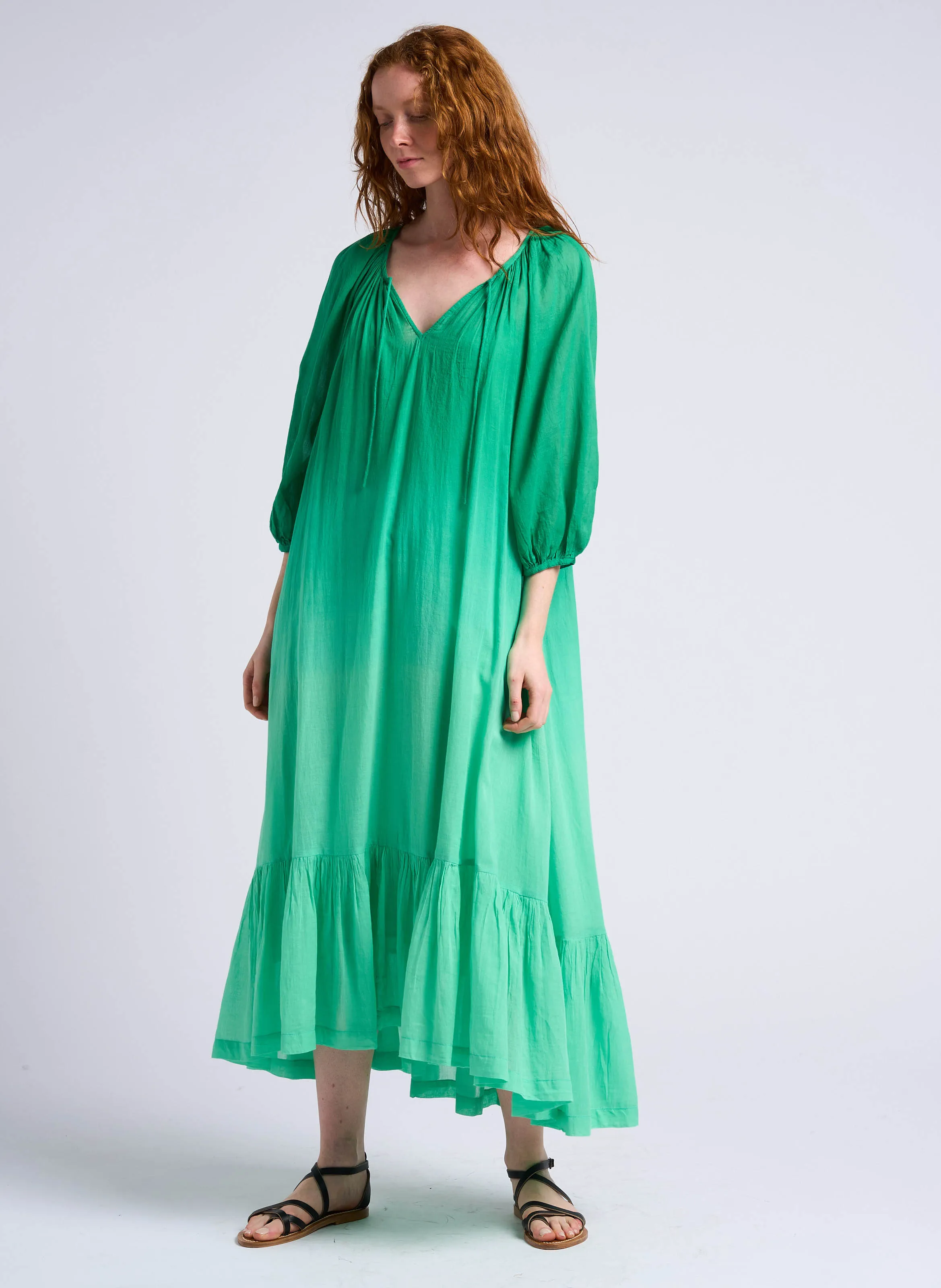 BIM - Vestido largo y holgado de algodón con frunces en verde