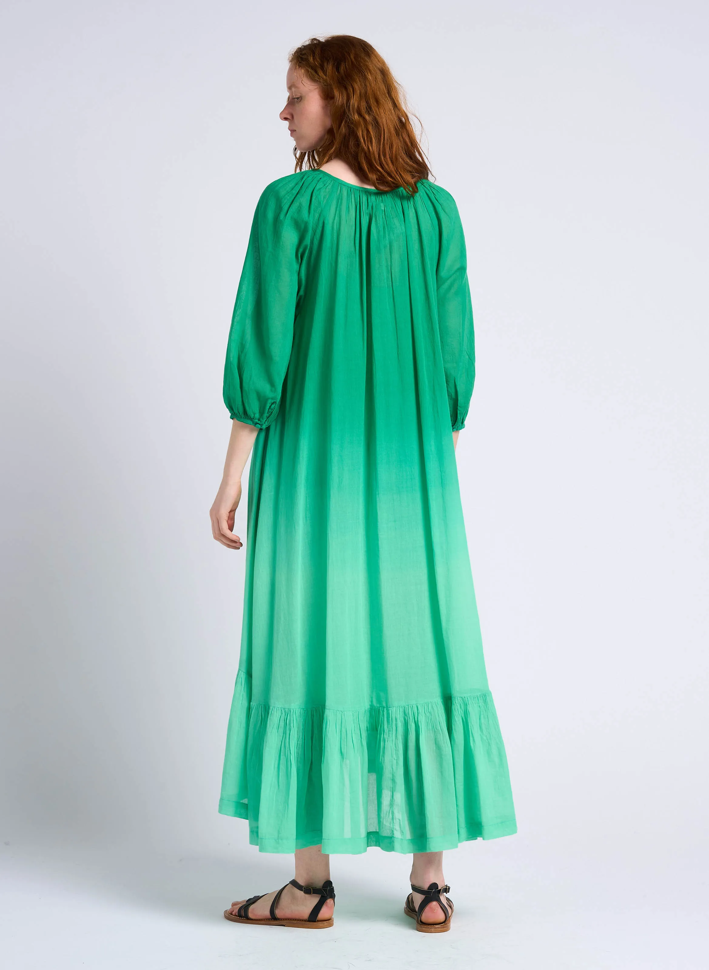 BIM - Vestido largo y holgado de algodón con frunces en verde