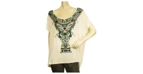 Camilla Top Étnico de Modal Blanco con Abalorios Boho Oversize T- Shirt talla S Multicolor 