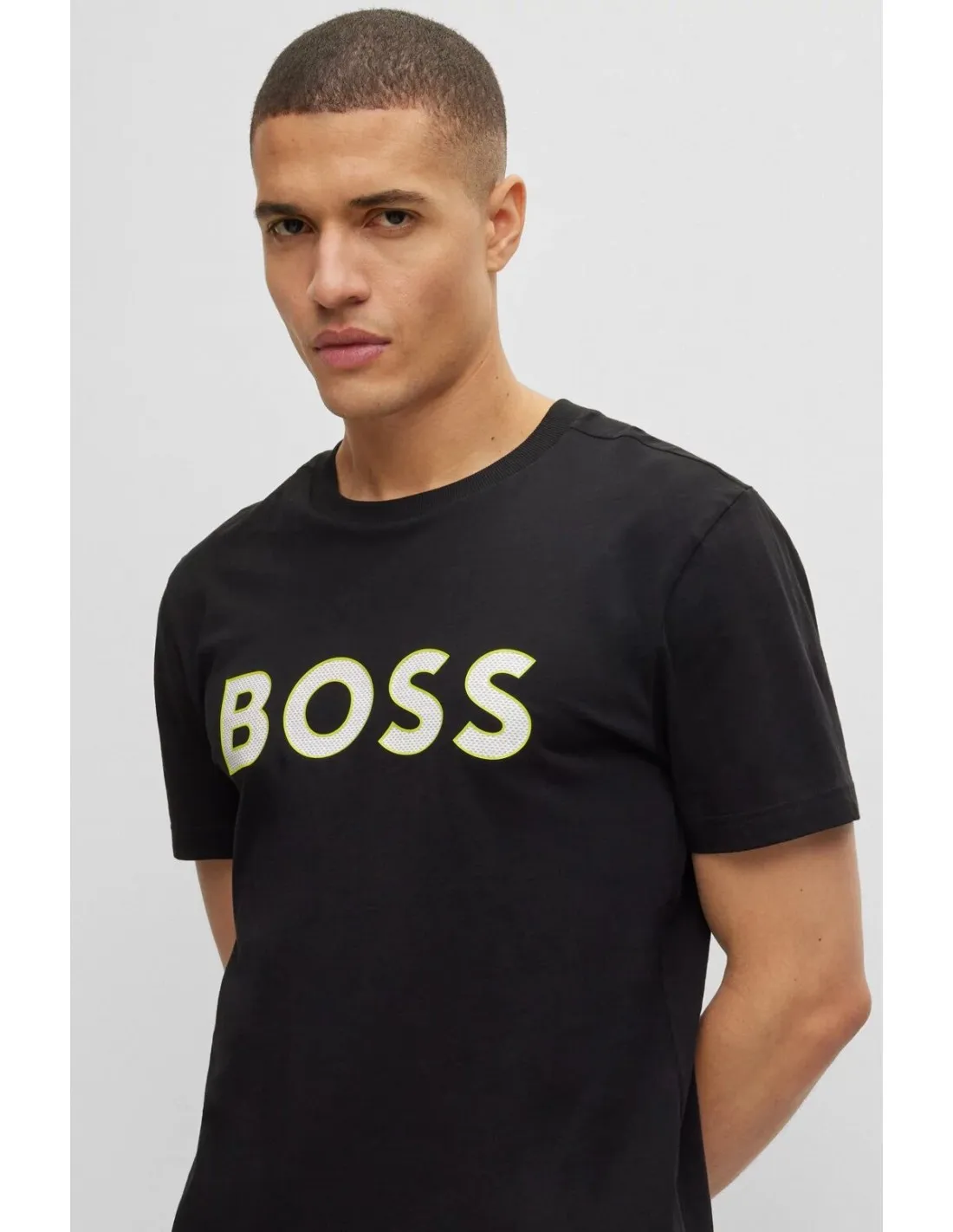 Camiseta De Cuello Redondo En Punto De Algodón Con Logo Estampado de Boss