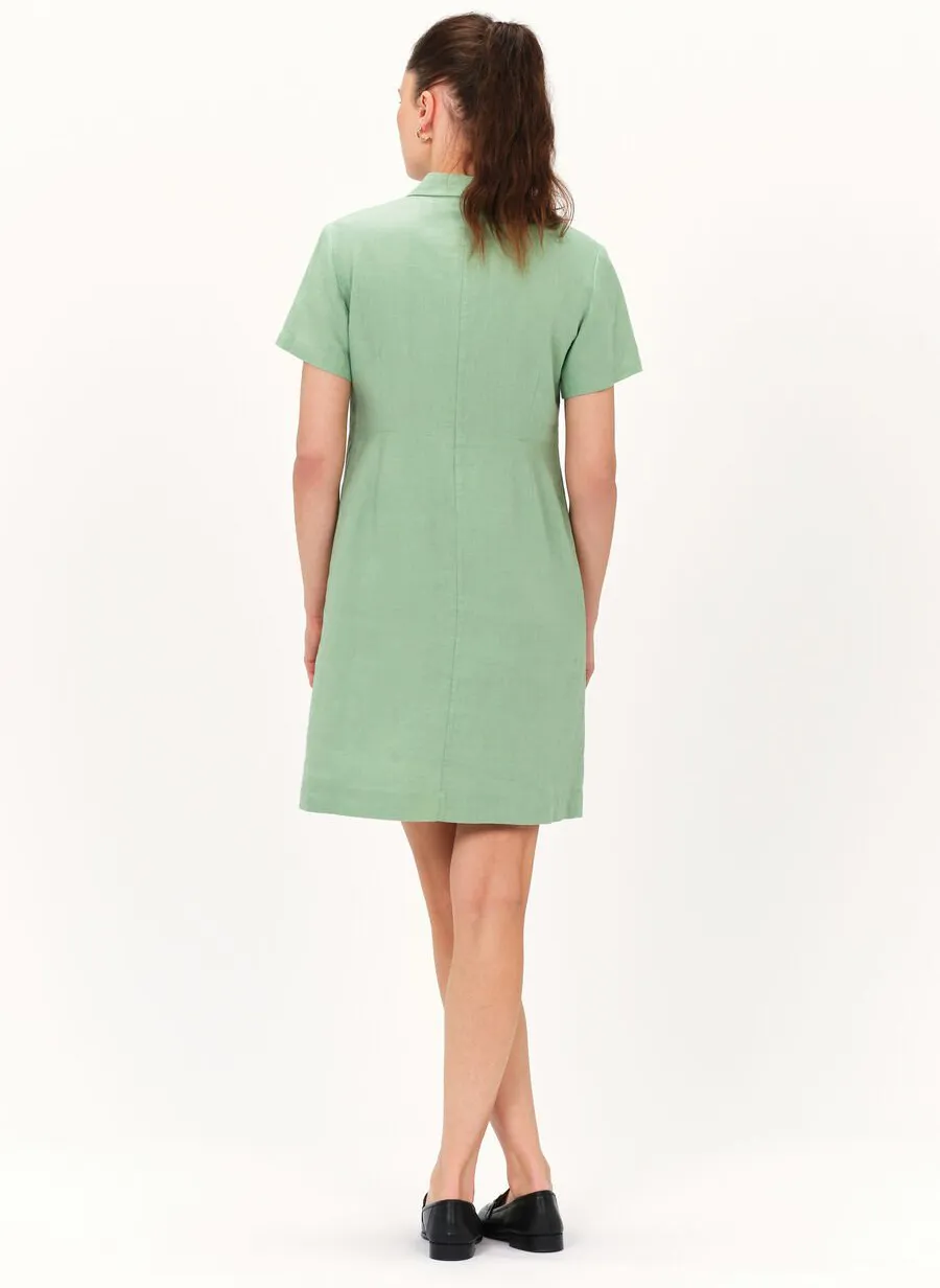 LAUREB - Vestido corto de lino con cuello clásico en verde