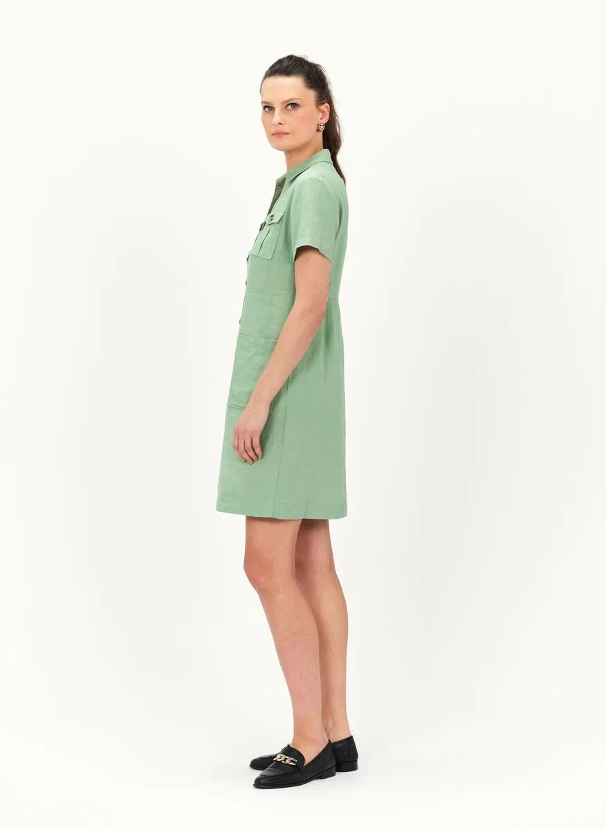 LAUREB - Vestido corto de lino con cuello clásico en verde