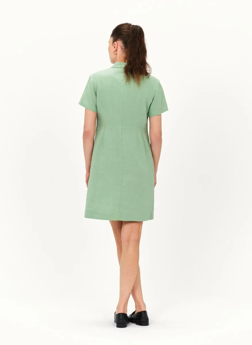 LAUREB - Vestido corto de lino con cuello clásico en verde