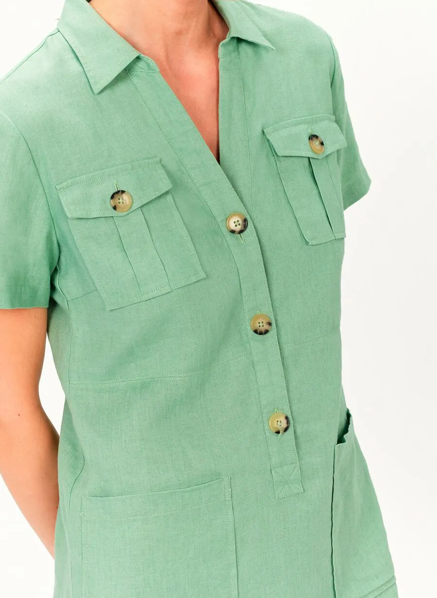 LAUREB - Vestido corto de lino con cuello clásico en verde