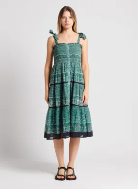 MARI - Vestido midi estampado de algodón con frunces en verde