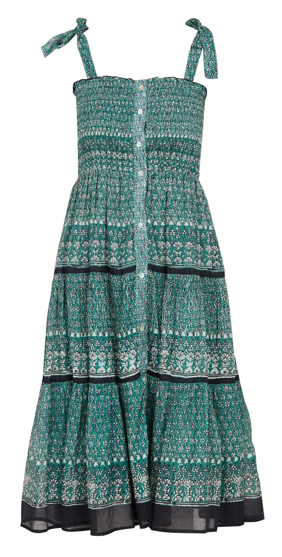 MARI - Vestido midi estampado de algodón con frunces en verde