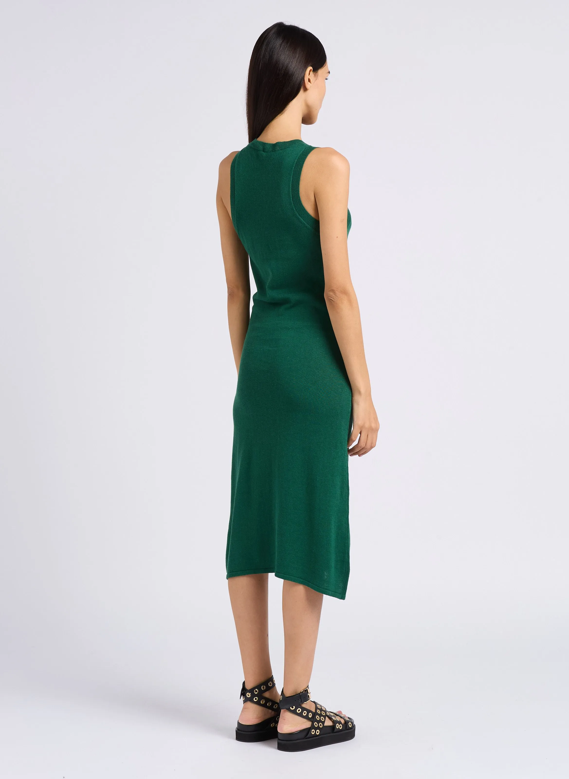 MIRAGE - Vestido midi cuello redondo de punto de lino y algodón orgánico en verde