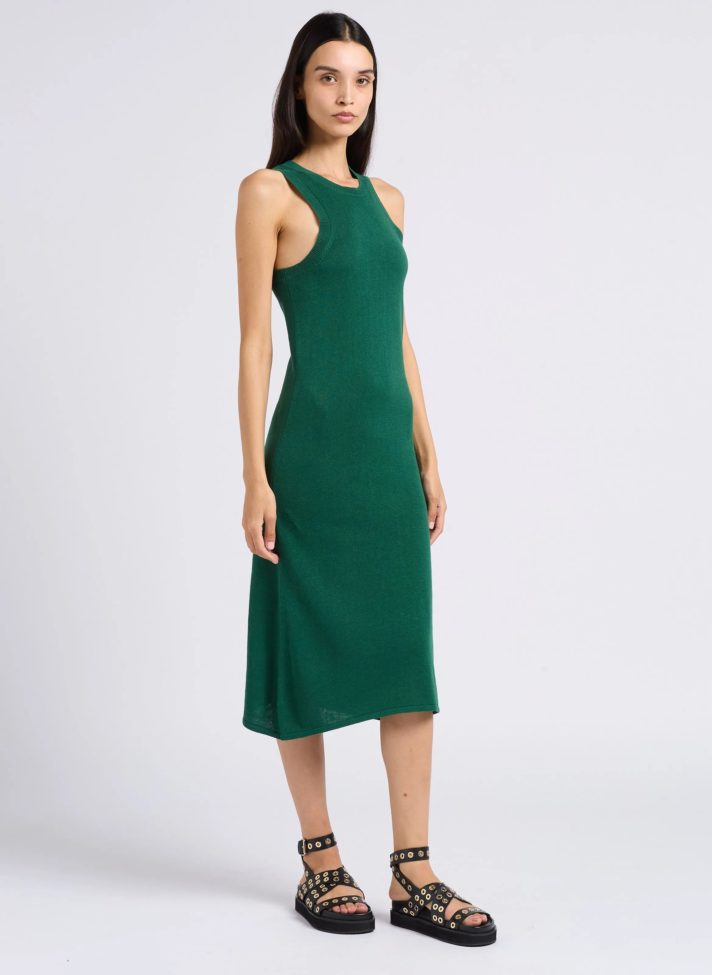 MIRAGE - Vestido midi cuello redondo de punto de lino y algodón orgánico en verde