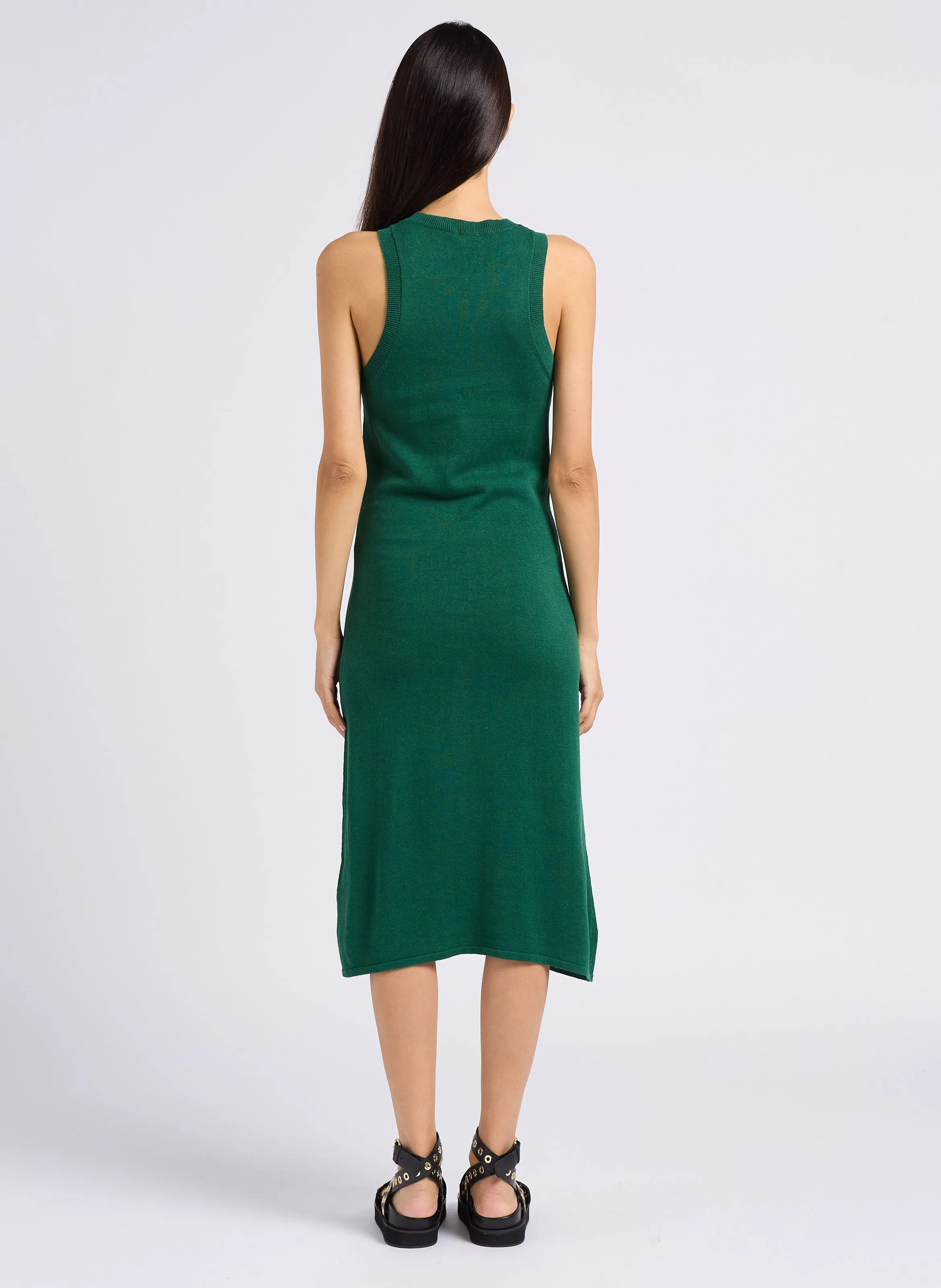 MIRAGE - Vestido midi cuello redondo de punto de lino y algodón orgánico en verde