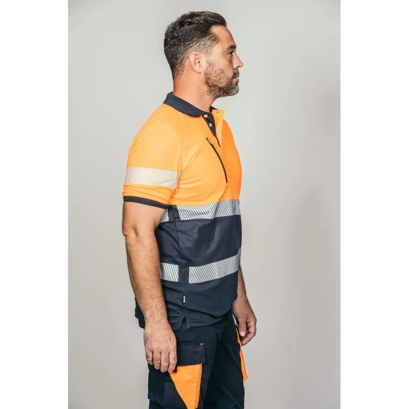 Polo alta visibilidad HOMBRE KINGSMANN STARLIGHT manga corta 100% Poliéster, Azul Marino con Naranja Flúor