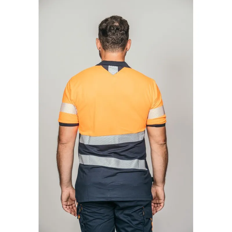 Polo alta visibilidad HOMBRE KINGSMANN STARLIGHT manga corta 100% Poliéster, Azul Marino con Naranja Flúor