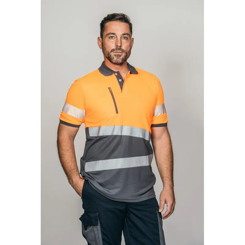 Polo alta visibilidad HOMBRE KINGSMANN STARLIGHT manga corta 100% Poliéster, Gris con Naranja Flúor