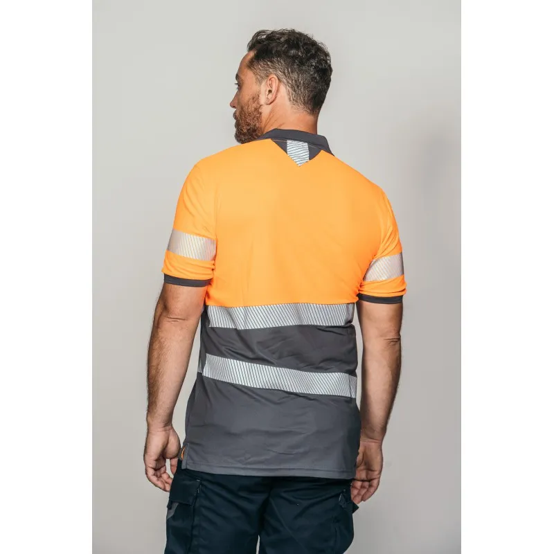 Polo alta visibilidad HOMBRE KINGSMANN STARLIGHT manga corta 100% Poliéster, Gris con Naranja Flúor