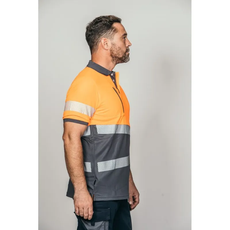 Polo alta visibilidad HOMBRE KINGSMANN STARLIGHT manga corta 100% Poliéster, Gris con Naranja Flúor