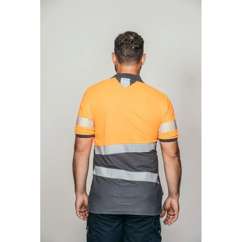 Polo alta visibilidad HOMBRE KINGSMANN STARLIGHT manga corta 100% Poliéster, Gris con Naranja Flúor