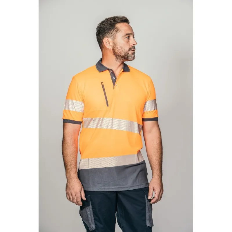 Polo alta visibilidad HOMBRE KINGSMANN STARLIGHT manga corta 100% Poliéster, Naranja Flúor