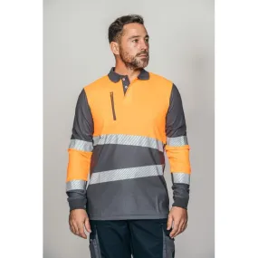 Polo alta visibilidad HOMBRE KINGSMANN STARLIGHT manga larga 100% Poliéster, Gris con Naranja Flúor