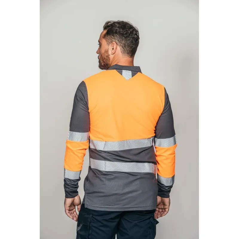 Polo alta visibilidad HOMBRE KINGSMANN STARLIGHT manga larga 100% Poliéster, Gris con Naranja Flúor