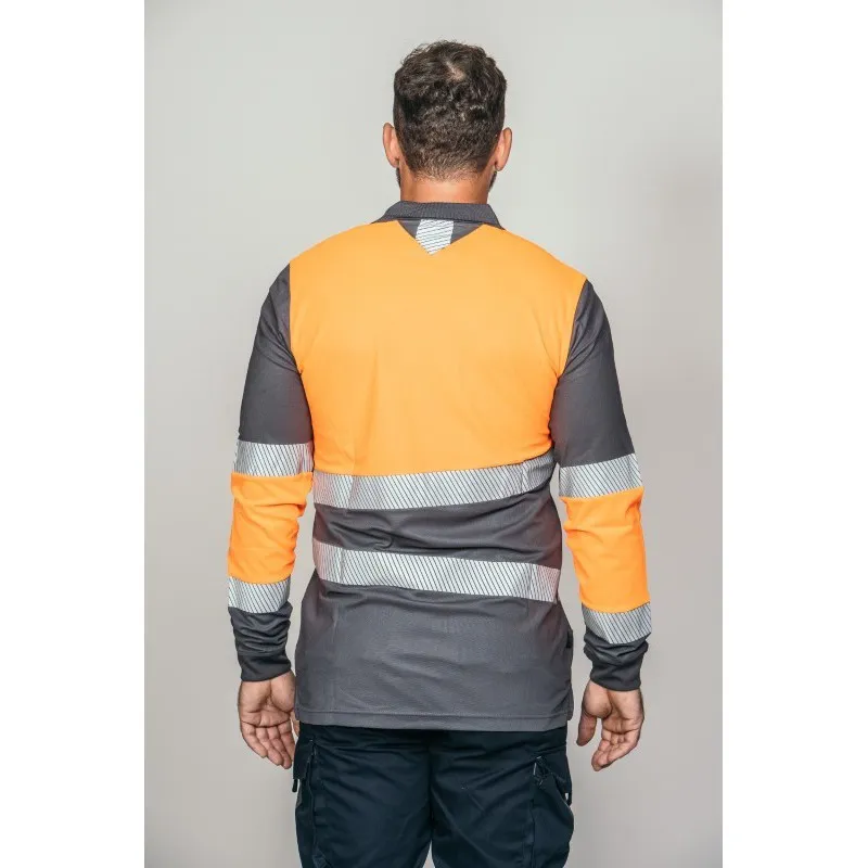 Polo alta visibilidad HOMBRE KINGSMANN STARLIGHT manga larga 100% Poliéster, Gris con Naranja Flúor