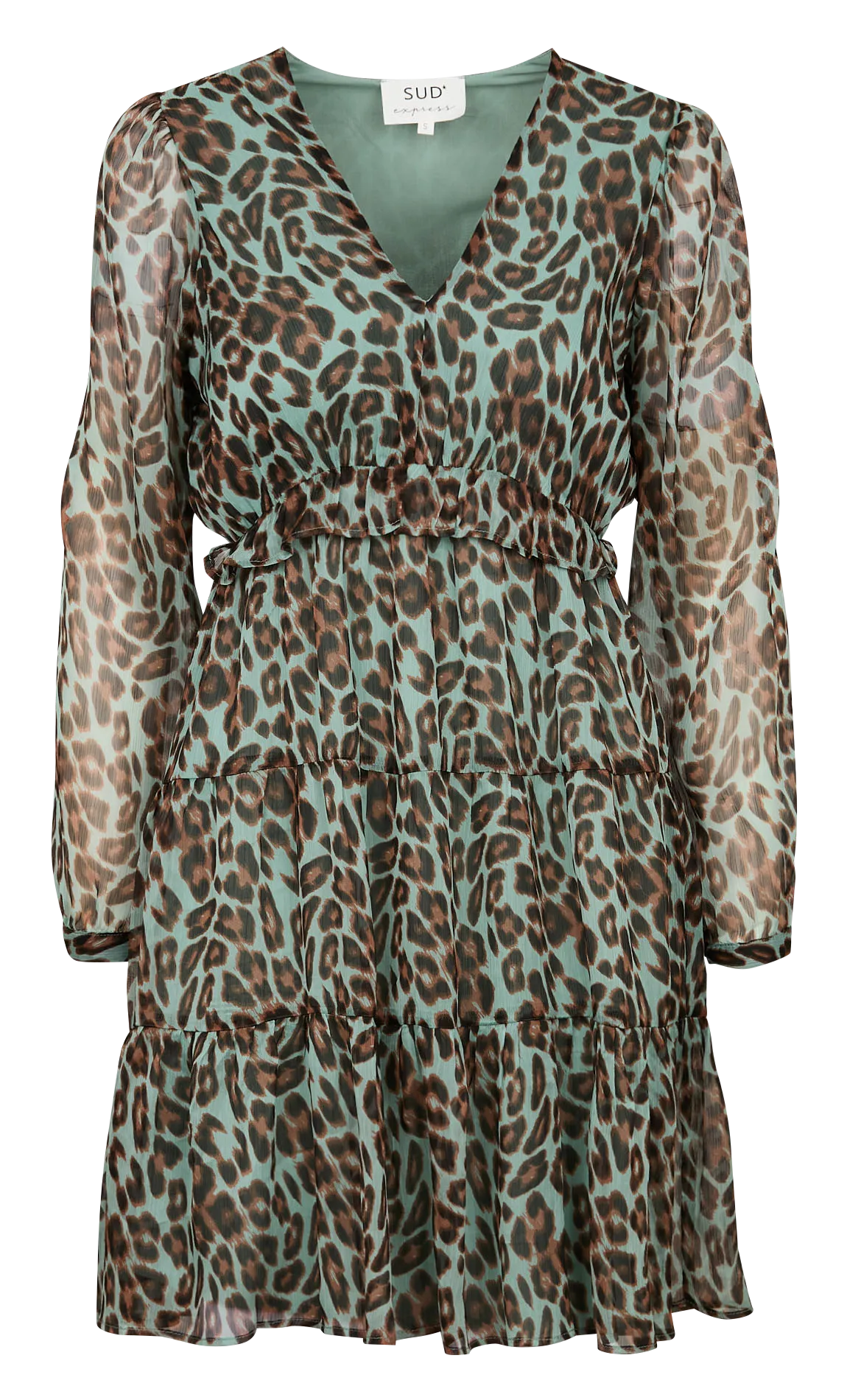 RAJALIA - Vestido corto con cuello de pico y estampado de leopardo en verde