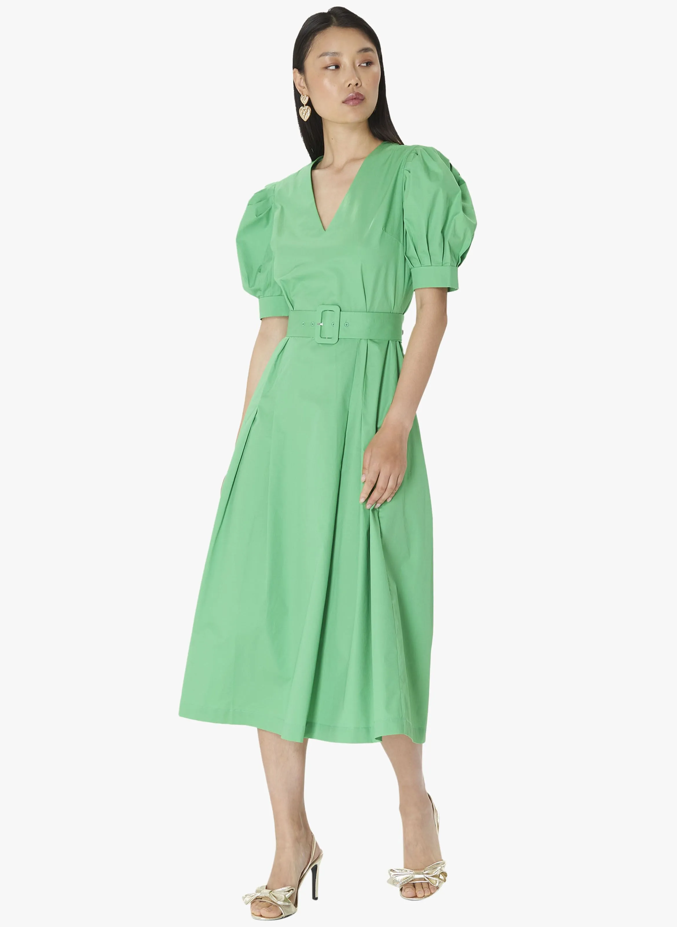 RANYA - Vestido midi con cuello en V y falda evasé de algodón orgánico en verde