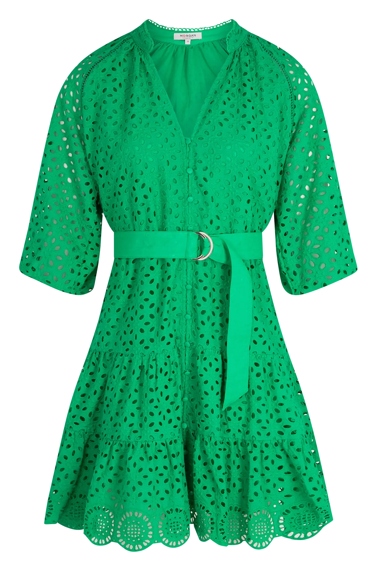 RFLAM - Vestido corto trapecio bordado en algodón en verde