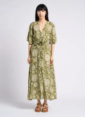 SAMUELLE - Vestido largo estampado con cuello de pico en verde