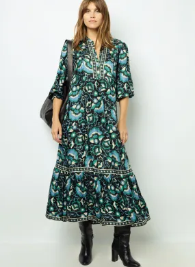 SANDA - Vestido midi estampado y jacquard en verde