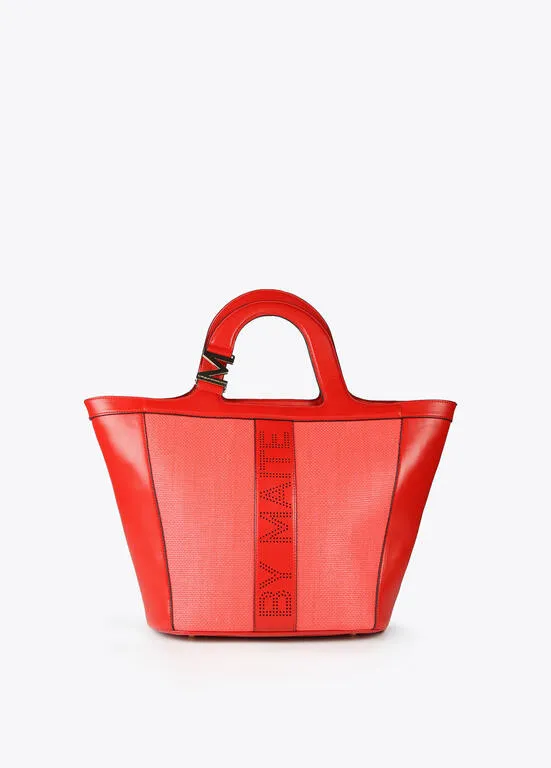 Shopper tipo cesto combinado efecto piel y rafia ROJO Lola Casademunt