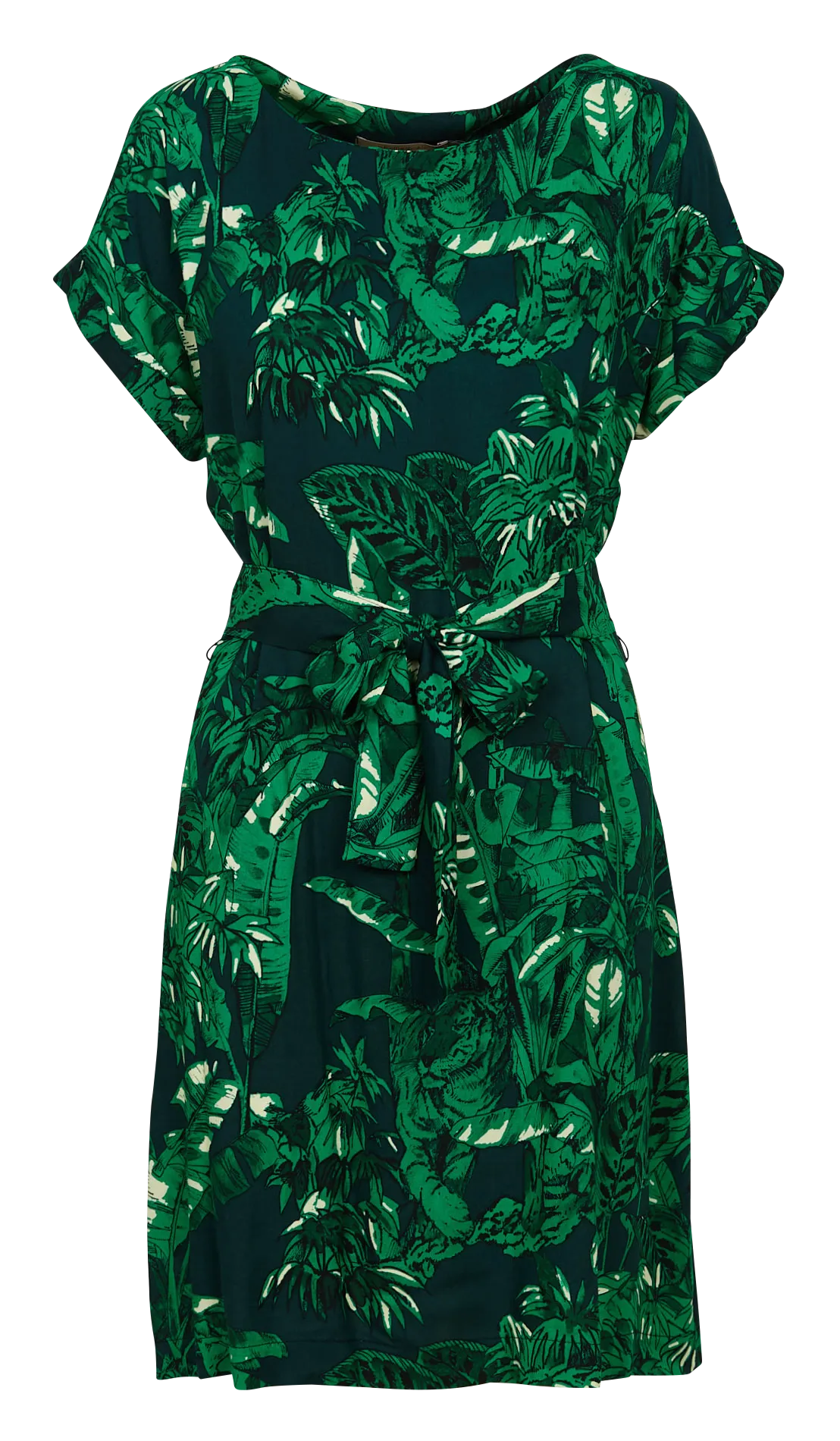 Vestido corto holgado con cuello barco y estampado animal en verde