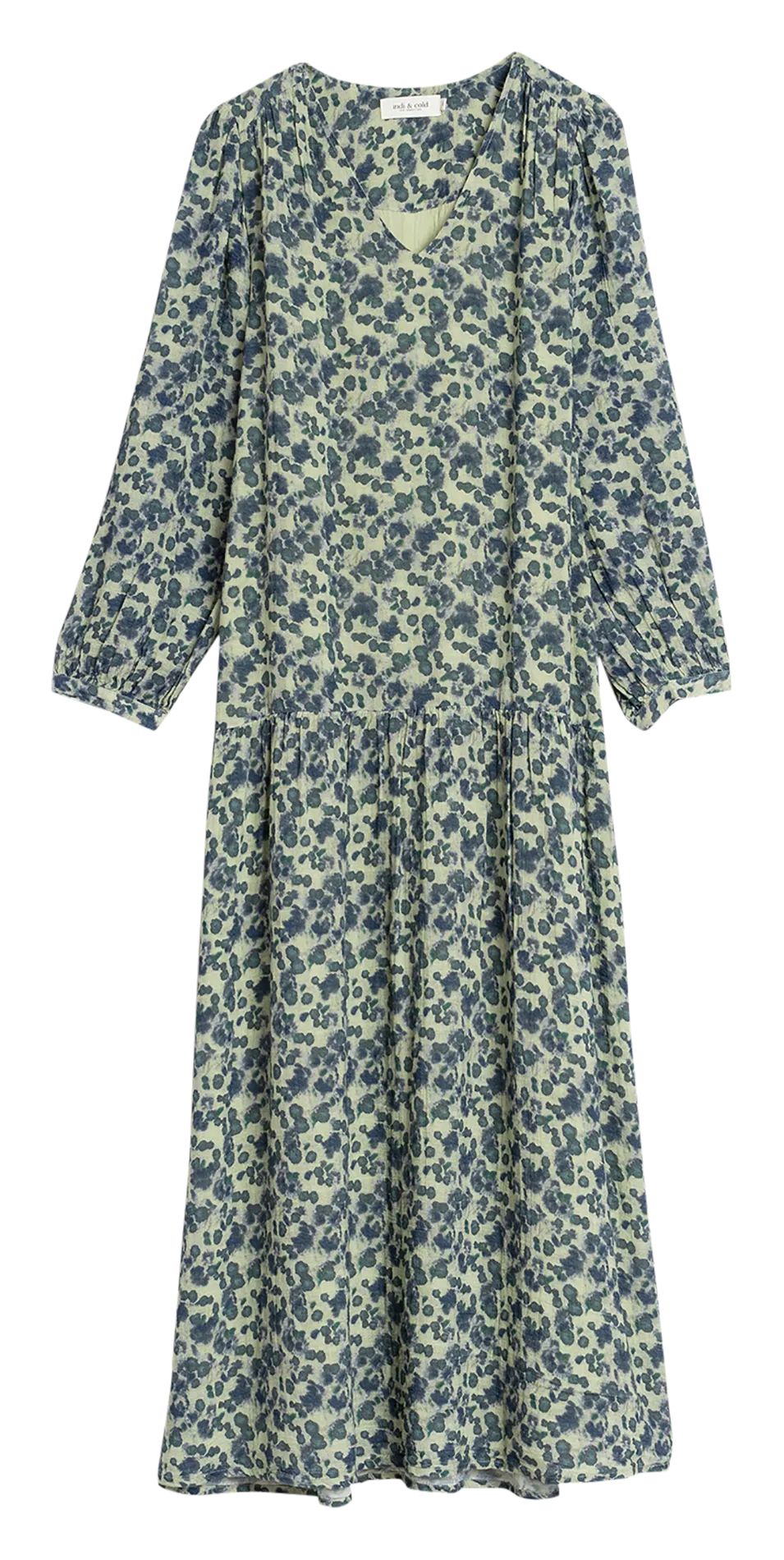 Vestido largo de algodón orgánico estampado con cuello en V en verde