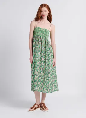 Vestido midi recto estampado con escote cuadrado en verde