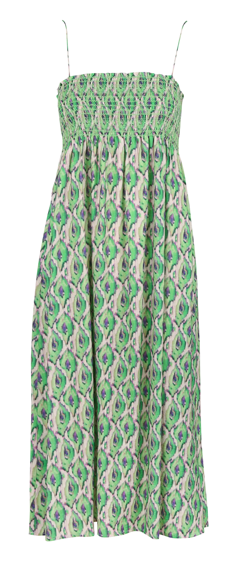 Vestido midi recto estampado con escote cuadrado en verde