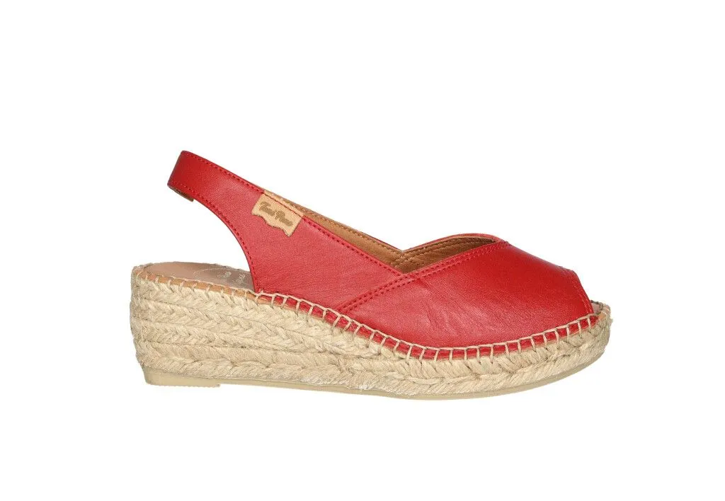 Zapato Piel Rojo Punta y Talon Abierto CuÑa Esparto Baja